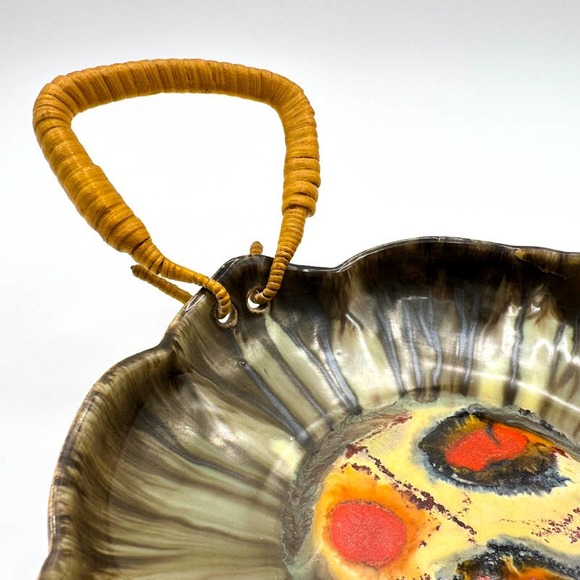 Likely Carstens Bowl West Germany Art Pottery Lava Glaze w Wicker Handles - Picture 11 of 13